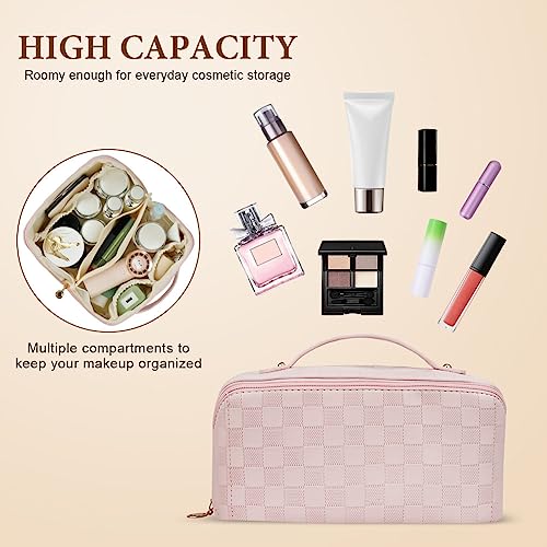 Aucuu Bolsa de cosméticos de Viaje de Gran Capacidad para Mujeres y niñas, Bolsa de Maquillaje de Almacenamiento en Capas Impermeable de Cuero de PU (Rosa)